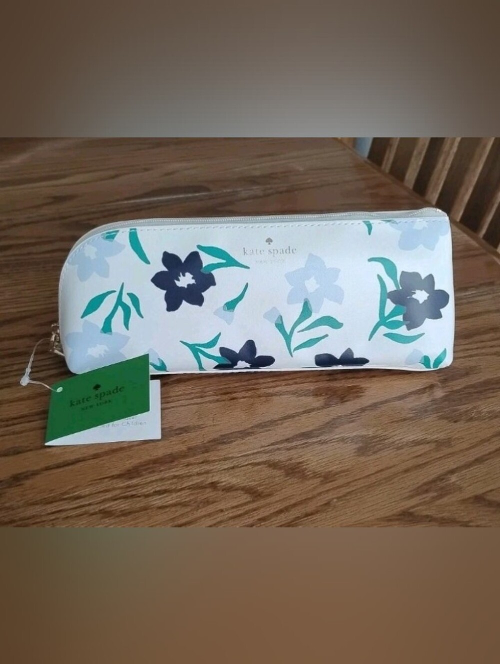 Kate Spade New York Blue Floral Print Pencil/Pen/Make-up Case NEW With Tag